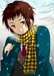  brown_eyes brown_hair kyon scarf school_uniform snow suzumiya_haruhi_no_yuuutsu 