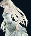  bare_shoulders big_breasts blue_eyes breasts celes_chere cleavage daytime dress dress_lift final_fantasy final_fantasy_vi high_ponytail large_breasts lipstick long_hair solo white_dress 