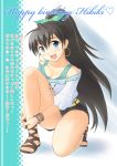  black_hair bracelet breast_press breasts cleavage earrings fang ganaha_hibiki idolmaster jewelry legs long_hair necklace ponytail sandals shitan short_shorts shorts smile 