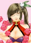  1girl blazblue breasts cleavage cleavage_cutout fenrir_(pixiv) flower glasses lao_jiu litchi_faye_ling long_hair orange_eyes panda ponytail side_ponytail 