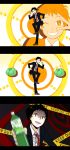  adachi_tohru black_hair bottle business_suit cabbage caution_tape close-up crazy_eyes dancing food formal grin happy highres male motion_blur necktie parody persona persona_4 police_tape poppippoo_(vocaloid) shoes short_hair smile spoilers suit sunday31 v vegetable_juice vocaloid wink yellow_eyes 