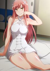  1girl bangs bare_shoulders blush breasts commentary_request dress fate/grand_order fate_(series) hara_(harayutaka) highres long_hair looking_at_viewer lostroom_outfit_(fate) medb_(fate) medium_breasts panties panty_peek pink_hair pink_panties short_dress smile solo tiara underwear white_dress yellow_eyes 