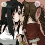  &lt;3 2girls aerith_gainsborough air-bird bare_shoulders black_hair blush bolero bracelet breasts brown_eyes brown_hair closed_eyes cute dress drill_hair earrings face final_fantasy final_fantasy_vii girl_kiss hair_ribbon heart jacket jewelry kiss large_breasts long_hair multiple_girls ponytail red_eyes ribbon suspenders tanktop tifa_lockhart yuri 