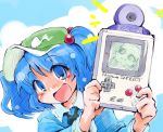  1girl blue_eyes blue_hair blush camera game_boy hair_bobbles hair_ornament hat kawashiro_nitori long_sleeves open_mouth rough shinapuu short_hair smile solo touhou twintails 