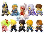   armor artist_request bandana belt blonde_hair blue_eyes bow brown_eyes brown_hair butz_klauser cape cecil_harvey chibi cloud_strife detached_sleeves dissidia_final_fantasy earrings everyone final_fantasy final_fantasy_i final_fantasy_ii final_fantasy_iii final_fantasy_iv final_fantasy_ix final_fantasy_v final_fantasy_vi final_fantasy_vii final_fantasy_viii final_fantasy_x frioniel gloves green_eyes green_hair hair_bow headband helmet horns jacket jewelry necklace onion_knight paladin parody ponytail popped_collar shoulder_pads spiky_hair squall_leonhart style_parody tail tidus tina_branford walking warrior_of_light white_hair zidane_tribal  