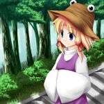  blue_eyes bluepony flat_chest forest hair_ribbon hands_in_sleeves hat loli moriya_suwako nature ribbon short_hair smile solo stairs touhou tree 