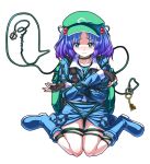  backpack bag bdsm blue_eyes blue_hair blush bondage boots fingerless_gloves frogtie gloves hair_bobbles hair_ornament hat kawashiro_nitori key rope rubber_boots saya_(sayamendo) short_hair sitting speech_bubble squiggle touhou twintails wariza 