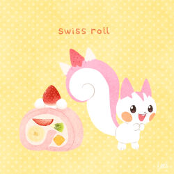  :d alternate_color banana banana_slice cake commentary_request cream food fruit highres kiwi_(fruit) kiwi_slice no_humans pachirisu pokemon pokemon_(creature) polka_dot polka_dot_background shiny_pokemon smile strawberry strawberry_slice swiss_roll uta_(pixiv_4699580) yellow_background 