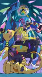  1girl ampharos aqua_hair aqua_pants bandeau black_hair black_pants blonde_hair canari_(pokemon) chair commentary_request controller cropped_jacket dark-skinned_female dark_skin disco_ball eelektross game_controller heliolisk highres holding holding_controller holding_game_controller jacket looking_at_viewer mask mouth_mask multicolored_hair on_chair pants pokemon pokemon_(creature) pokemon_legends:_z-a sitting split-color_clothes split-color_hair stunfisk twintails urasato yellow_bandeau yellow_jacket yellow_nails 