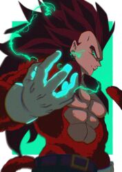  1boy black_hair body_fur commentary_request derivative_work dragon_ball dragon_ball_gt final_shine_attack gloves highres long_hair male_focus monkey_boy monkey_tail muscular muscular_male pants pectorals red_fur saiyan solo spiky_hair stktik09060906 super_saiyan super_saiyan_4 tail vegeta 