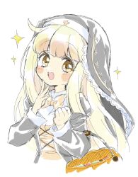  1girl :d black_coif black_dress black_veil blonde_hair blunt_bangs blush bow bowtie coif cowlick dress halloween_bucket hand_on_own_face highres juliet_sleeves long_hair long_sleeves looking_to_the_side nun orange_bow puffy_sleeves pumpkin sidelocks simple_background smile solo sparkle speaki_(trickcal) trickcal upper_body veil white_background yellow_eyes yukiwo 