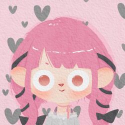  1girl bare_shoulders black_bow black_ribbon bow bow_choker bowtie bra_strap brown_eyes cartoonized chinese_commentary choker closed_mouth commentary_request frilled_shirt frills hair_bow hair_ribbon happy heart heart_background highres infinity_nikki light_blush long_hair long_sidelocks low_twintails nikki_(nikki) nikki_(series) off-shoulder_shirt off_shoulder perfect_start_(infinity_nikki) pink_background pink_bow pink_bowtie pink_choker pink_hair ribbon shirt sidelocks single_stripe smile solo straight-on striped_choker suiyezhai toon_(style) tress_ribbon triangle_nose twintails upper_body white_shirt 