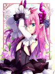  1girl blue_eyes claws detached_sleeves dress fate/extra_ccc fate_(series) flower horns lancer_(fate/extra_ccc) long_hair pink_hair pointy_ears solo two_side_up yude 