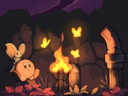  blush_stickers broken_pillar bug butterfly butterfly_wings campfire commentary_request elfilin fire in-universe_location insect_wings kirby kirby_(series) kirby_and_the_forgotten_land night no_humans notched_ear outdoors regurusu_(nagarevosi) star_(sky) wings 
