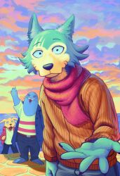  3boys absurdres animal_ears beastars blue_coat chipsgowoah claws closed_mouth coat dog_boy dog_ears english_commentary facing_viewer fangs flippers furry furry_male highres jack_(beastars) jacket legoshi looking_at_another looking_at_viewer male_focus manatee_boy multiple_boys open_mouth orange_sweater red_jacket red_scarf sagwan_(beastars) scarf shirt smile sweater tail whiskers white_shirt wolf_boy wolf_ears wolf_tail 