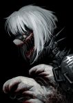  armor black_background blood hetza_(hellshock) monster open_mouth saliva sharp_teeth simple_background solo spikes veins white_hair 