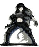  1girl abs ammunition armor black_hair boots fingerless_gloves gloves hetza_(hellshock) long_hair midriff running simple_background solo white_background 