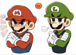  2boys angry blue_eyes blue_overalls brothers brown_hair commentary crossed_arms emoji facial_hair gloves green_hat green_shirt hat highres long_sleeves luigi male_focus mario mimimi_(mimimim9999) multiple_boys mustache overalls puff_of_air red_hat red_shirt shirt short_hair siblings simple_background super_mario_bros. untranslatable_commentary upper_body white_background white_gloves 