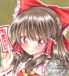  1girl ascot between_fingers blush bow brown_hair closed_mouth commentary detached_sleeves frilled_bow frilled_hair_tubes frills hair_bow hair_tubes hakurei_reimu highres holding holding_ofuda long_hair looking_at_viewer nekofish666 ofuda ofuda_between_fingers outline portrait red_bow red_eyes ribbon-trimmed_sleeves ribbon_trim smile solo touhou traditional_media watermark white_outline yellow_ascot 