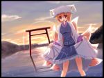  1girl blonde_hair breasts clouds dress dutch_angle fox_tail hat hat_with_ears highres impossible_clothes impossible_dress lens_flare liya looking_at_viewer mountain multiple_tails open_mouth red_eyes reflection short_hair skirt skirt_lift sky solo sparkle sun sunset tabard tail tassel torii touhou wading yakumo_ran 