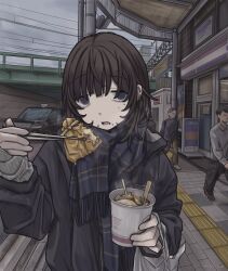  1girl absurdres bag barbell_piercing black_jacket blue_scarf brown_hair building car chopsticks crumbs cup dot_nose ear_piercing eating empty_eyes grey_eyes gudon_udon highres holding holding_chopsticks holding_cup holding_with_chopsticks industrial_piercing instant_cup_noodles instant_noodles jacket kinchaku_(food) looking_at_viewer medium_hair motor_vehicle open_mouth original people piercing plaid_clothes plaid_scarf scarf sign solo_focus urban 