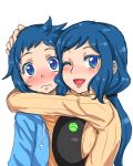  1boy 1girl ;d apron badge blue_eyes blue_hair blush breast_press breasts button_badge gundam gundam_build_fighters hand_on_head haro_button_badge hoodie hug iori_rinko iori_sei kitsune-tsuki_(getter) large_breasts lips lipstick long_hair looking_at_viewer makeup mother_and_son open_mouth ponytail ribbed_sweater simple_background smile sweatdrop sweater white_background wink 