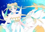  1girl aqua_eyes bishoujo_senshi_sailor_moon blonde_hair dress gradient gradient_background komenama long_hair princess_serenity shoulderless_dress smile solo sparkle tsukino_usagi twintails white_dress 