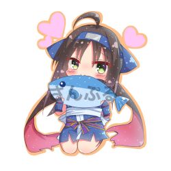  1girl :3 ahoge animal black_hair black_scarf blue_bridal_gauntlets blue_kimono blush bridal_gauntlets chibi chibi_only commentary_request eyes_visible_through_hair fish fish_in_mouth forehead_protector full_body green_eyes hair_between_eyes hands_up happy heart hitachi_mako holding holding_animal holding_fish japanese_clothes kimono kneeling looking_at_viewer medium_hair ninja orange_outline outline red_scarf sample_watermark sash scarf senren_banka servamp_kuro simple_background solo two-sided_scarf watermark white_background white_sash 