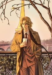 1boy axis_powers_hetalia bare_tree blonde_hair bridge brown_scarf cowboy_shot cup disposable_coffee_cup disposable_cup eiffel_tower france_(hetalia) hand_in_pocket hashtag-only_commentary heart_locket highres jacket medium_hair necktie outdoors pants paris railing river rtt165rt scarf shirt smile solo standing tree white_shirt yellow_jacket yellow_pants yellow_theme 