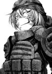  1girl armor forked_tongue helmet hetza_(hellshock) monochrome scales simple_background solo tongue white_background 