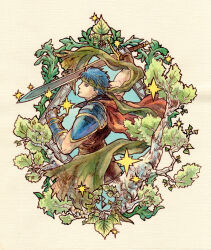  1boy armor blue_eyes blue_hair cape closed_mouth commentary_request fire_emblem fire_emblem:_radiant_dawn green_headband hashibi_rokou headband holding holding_sword holding_weapon ike_(fire_emblem) male_focus pauldrons red_cape short_hair shoulder_armor single_pauldron solo sword traditional_media weapon 