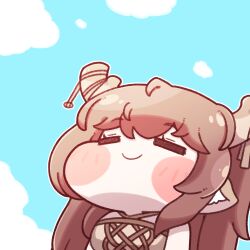  1girl =_= animal_ears antlers breasts brown_dress brown_hair chibi chibi_only closed_eyes closed_mouth day deer_antlers deer_ears deer_girl diana_(trickcal) dress halterneck horns joy_bro large_breasts long_hair outdoors sleeveless sleeveless_dress smile solo trickcal upper_body 