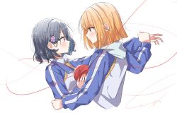  2girls black_hair blonde_hair call_up_girls chinese_commentary commentary_request flower_hairpin highres holding_hands leo-zero li_zhao_(call_up_girls) long_sleeves multiple_girls red_eyes red_rope rope school_uniform short_hair ye_xi yuri 