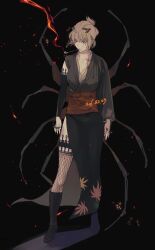  1girl black_kimono commentary_request folded_ponytail gintama highres japanese_clothes kimono kiseru kunai onechangm scar scar_on_cheek scar_on_face sleeveless sleeveless_kimono smoking_pipe solo tsukuyo_(gintama) weapon 