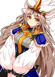  1girl blue_corset breasts brown_hair corset cowboy_shot dress duel_monster dutch_angle earrings fur_(clothing) hat jewelry kanemitsu411 long_hair long_sleeves looking_at_viewer medium_breasts middle_part necktie orange_eyes orange_necktie own_hands_together parted_bangs silvy_of_the_white_forest simple_background smile solo standing white_background yu-gi-oh! 