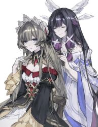  2girls behind_another black_bow black_collar black_dress black_hair black_sleeves blue_eyes bonnet bow breasts brown_hair brushing_another's_hair brushing_hair closed_eyes collar columbina_(genshin_impact) commentary detached_collar detached_sleeves dress eye_mask frilled_sleeves frills gem genshin_impact gloves hair_brush hair_down hair_ornament half_gloves head_wings highres long_hair mask momorin_0808 multicolored_hair multiple_girls multiple_wings parted_lips purple_hair purple_streaks red_gem sandrone_(genshin_impact) see-through_clothes see-through_mask simple_background sitting small_breasts smile standing streaked_hair two-tone_hair very_long_hair white_background white_dress white_gloves white_headdress white_mask white_wings wide_sleeves wing_hair_ornament wings 