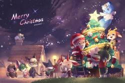  5boys 5girls absurdres animal_crossing beau_(animal_crossing) bree_(animal_crossing) brown_hair cat_boy christmas_stocking christmas_tree commentary_request deer_boy deer_girl dobie_(animal_crossing) drinking flurry_(animal_crossing) furry furry_female furry_male glasses green_eyes green_hair hamster_girl hat heterochromia highres hoishere7 ione_(animal_crossing) mallary_(animal_crossing) merry_christmas multiple_boys multiple_girls one_eye_closed punchy_(animal_crossing) raymond_(animal_crossing) red_hair red_vest santa_costume shino_(animal_crossing) squirrel_girl vest villager_(animal_crossing) wolf_boy 