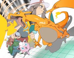  >:( 1girl absurdres bag blue_eyes breath_weapon breathing_fire brown_eyes brown_hair charizard claws commentary_request determined dragon fangs fiery_tail fire flame-tipped_tail flower from_side green_wings hat highres himuro_yukichiko holding holding_bag holding_microphone holding_poke_ball jigglypuff leaf_(pokemon) light_blush lizard long_hair microphone open_mouth orange_wings poke_ball pokemon pokemon_(creature) pokemon_frlg porkpie_hat red_skirt shirt shoulder_bag signature skirt sleeveless sleeveless_shirt surprised tail tile_floor tiles v-shaped_eyebrows venusaur white_background white_hat wings yellow_bag 