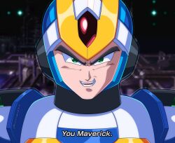  1boy absurdres armor blue_helmet dragon_ball dragon_ball_z english_text forehead_jewel green_eyes helmet highres male_focus mega_man_(series) mega_man_x_(series) parody parted_lips rockmangrave smirk solo subtitled toriyama_akira_(style) white_armor white_helmet x_(mega_man) 