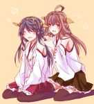  2girls ahoge alternate_hairstyle bare_shoulders black_hair black_legwear blush boots brown_eyes brown_hair closed_eyes detached_sleeves hair_ornament hairband haruna_(kantai_collection) headgear japanese_clothes kantai_collection kongou_(kantai_collection) long_hair miko multiple_girls open_mouth personification ribbon_trim ryousui_nao sitting skirt smile thigh_boots thighhighs wariza wide_sleeves 