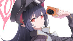  1girl black_hair black_hat black_horns blue_archive camera chiaki_(blue_archive) closed_mouth commentary_request curved_horns demon_horns digital_camera ev_(dai00888) halo hat holding holding_camera horns long_hair long_sleeves looking_at_viewer peaked_cap pointy_ears red_eyes sidelocks simple_background smile solo swept_bangs white_background 