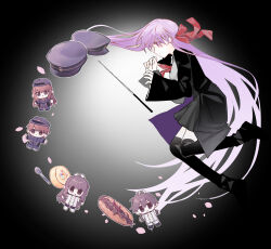  2boys 3girls bb_(fate) bb_(fate/extra) black_boots black_coat black_jacket black_skirt black_thighhighs boots breasts chibi chinese_commentary coat commentary_request conductor_baton dual_persona fate/extra fate/extra_ccc fate/grand_order fate_(series) food fork hair_ribbon hat highres if_happiness_is_a_circle_(meme) jacket kishinami_hakuno_(female) kishinami_hakuno_(female)_(mooncancer) kishinami_hakuno_(male) kishinami_hakuno_(male)_(mooncancer) large_breasts lioyu_f long_hair meme miniskirt multiple_boys multiple_girls petals purple_hair ribbon sandwich skirt sleeves_past_wrists thigh-highs unworn_hat unworn_headwear v-shaped_eyebrows very_long_hair violet_eyes wada_arco_exhibition white_jacket wide_sleeves zettai_ryouiki 