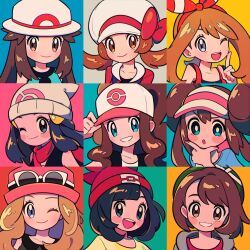  6+girls beanie blonde_hair blue_eyes blue_hair brown_eyes brown_hair chueog gloria_(pokemon) grey_eyes hat highres hikari_(pokemon) hilda_(pokemon) leaf_(pokemon) lyra_(pokemon) may_(pokemon) multiple_girls pokemon portrait rosa_(pokemon) selene_(pokemon) serena_(pokemon) white_hat 