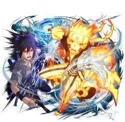  2boys black_hair black_pants black_shirt blonde_hair boots collared_jacket colored_skin electricity facial_mark fiery_aura forehead_protector grey_jacket high_collar jacket konohagakure_symbol looking_at_viewer magatama magatama_print male_focus multiple_boys naruto_(series) naruto_shippuuden naruto_shippuuden:_ultimate_ninja_blazing official_art open_mouth pants rasengan red_eyes sandals sharingan shirt short_hair spiky_hair teeth uchiha_sasuke uzumaki_naruto uzumaki_naruto_(kurama_mode) yellow_boots yellow_eyes yellow_jacket 