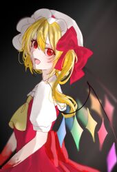  1girl back_bow blonde_hair blood blood_on_arm blood_on_face bow collared_shirt commentary_request crystal crystal_wings dress flandre_scarlet hat hat_bow highres long_hair looking_at_viewer mob_cap multicolored_wings one-hour_drawing_challenge one_side_up open_mouth puffy_short_sleeves puffy_sleeves purin_seijyaku2 red_bow red_dress red_eyes shirt short_sleeves solo touhou white_hat white_shirt wings 