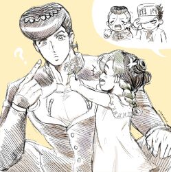  1girl 3boys ? adjusting_clothes adjusting_headwear aged_down artist_name butterfly_hair_ornament child closed_eyes commentary crying diamond_wa_kudakenai double_bun dress english_commentary flower green_hair hair_bun hair_ornament hand_on_own_knee hat_tip higashikata_josuke highres holding holding_flower jacket jojo_no_kimyou_na_bouken kujo_jolyne kujo_jotaro long_hair multicolored_hair multiple_boys nijimura_okuyasu open_mouth pointing pointing_at_self pompadour rubynnam smile speech_bubble spot_color squatting stone_ocean two_side_up undercut yellow_background 