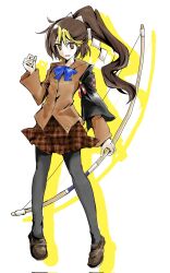  1girl black_pantyhose black_sleeves blazer blue_bow blue_bowtie bow bow_(weapon) bowtie brown_eyes brown_hair brown_jacket brown_shoes brown_skirt detached_sleeves dot_nose drop_shadow full_body gold_buttons hair_between_eyes hair_ornament happy high_ponytail highres holding holding_bow_(weapon) holding_weapon jacket layered_sleeves long_hair long_sleeves magatsuji_hatsuna miniskirt multicolored_hair open_mouth original pantyhose plaid_clothes plaid_skirt pleated_skirt ponytail red_ribbon ribbon riverbed_soul_saver school_uniform shide shoes simple_background single_detached_sleeve skirt sleeve_ribbon smile solo standing streaked_hair touhou unmoving_pattern uwabaki wavy_hair weapon weihe_wuya_xiang_zhuo_tai white_background 