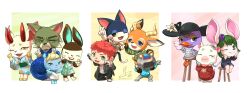  5boys 6+girls absurdres animal_crossing beau_(animal_crossing) black_hat black_jacket blue_dress blue_eyes blue_kimono bree_(animal_crossing) carmen_(animal_crossing) carrying cat_boy closed_eyes closed_mouth commentary_request deer_boy deer_girl dobie_(animal_crossing) dress duck_girl fingersmile flower flurry_(animal_crossing) frog_boy full_body furry furry_female furry_male green_eyes grey_hair hair_flower hair_ornament hamster_girl hat hat_flower highres hoishere7 ione_(animal_crossing) jacket japanese_clothes kimono korean_commentary mallary_(animal_crossing) multiple_boys multiple_girls old old_man one_eye_closed open_mouth piggyback punchy_(animal_crossing) rabbit_girl red_sweater ribbot_(animal_crossing) shino_(animal_crossing) shirt sitting squirrel_girl striped_clothes striped_shirt sun_hat sweater villager_(animal_crossing) white_dress wolf_boy wrinkled_skin 