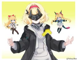  3girls alice_margatroid alternate_costume arknights arknights:_endfield black_coat black_mask blindfold_mask blonde_hair bnelsey coat cosplay endministrator_(arknights) female_endministrator_(arknights) female_endministrator_(arknights)_(cosplay) grey_sweater hourai_doll mask medium_hair multiple_girls open_clothes open_coat shanghai_doll sweater touhou 