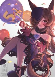  1girl absurdres animal_ears balloon bare_shoulders black_thighhighs blue_dress blue_flower blue_hat blue_rose blush breasts brown_hair commentary_request confetti dagger dress flipped_hair flower fur_choker hair_over_one_eye hat hat_flower highres holding holding_party_popper horse_ears horse_girl horse_tail knife long_hair long_sleeves looking_at_viewer off-shoulder_dress off_shoulder open_mouth party_popper rice_shower_(rosy_dreams)_(umamusume) rice_shower_(umamusume) rose saigyougi sheath sheathed shoes small_breasts smile solo tail thigh-highs tilted_headwear umamusume violet_eyes weapon 